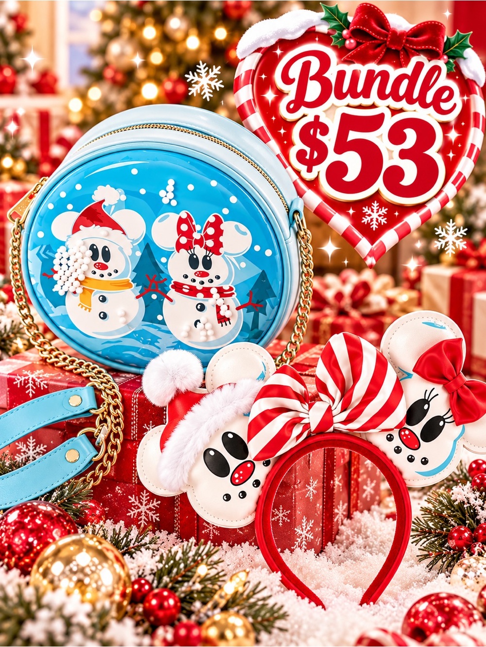 Bundle Disney Blue Snowman Mickey Crossbody Bag and Red Bow Headband Set